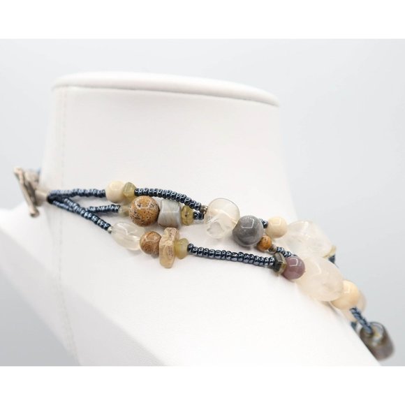 Earth Tone Acrylic & Natural Stone Seed Bead Multi Strand Toggle Necklace 18.5" - Picture 6 of 7
